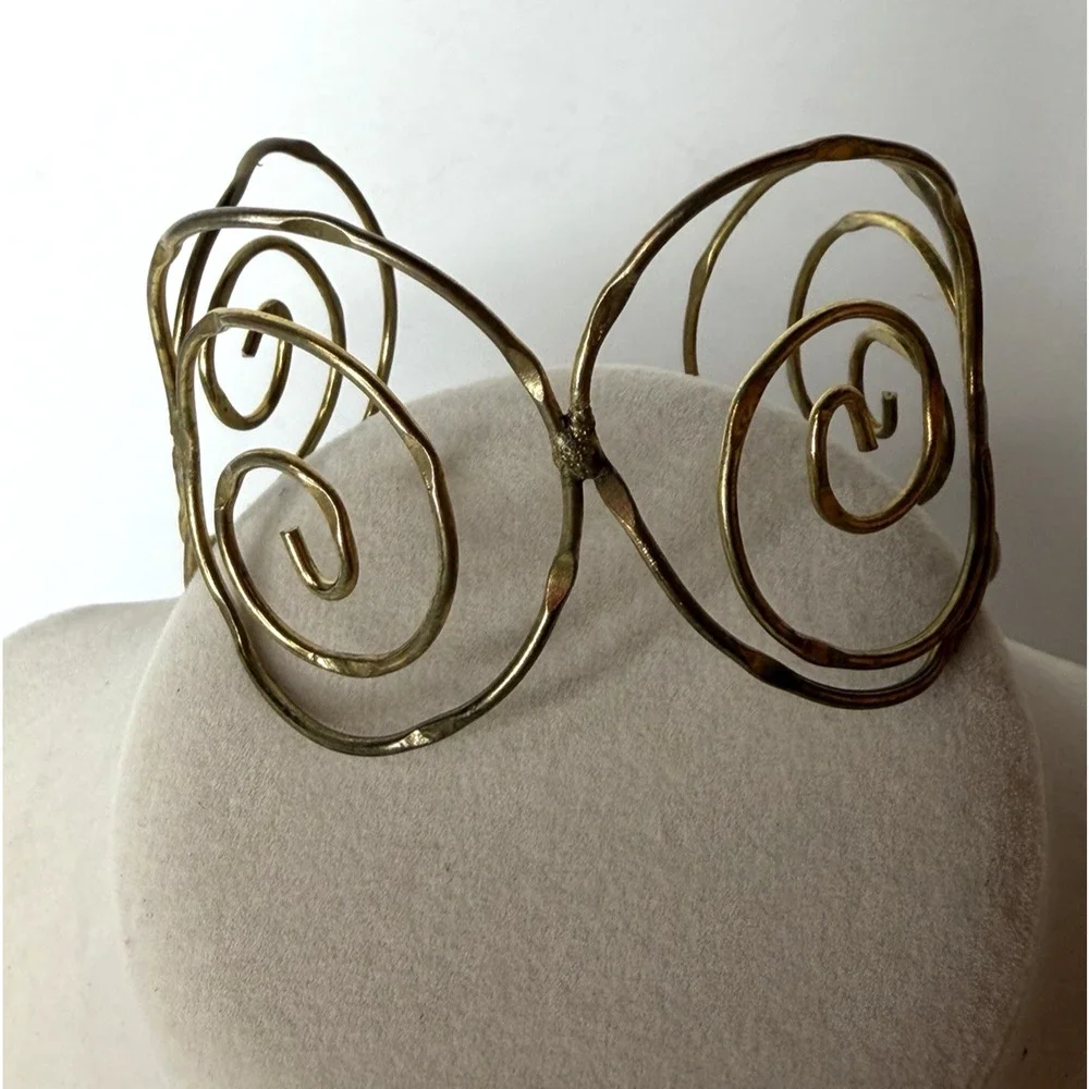 Handcrafted Brass Cuff Bracelet Artisan Abstract Wire Wrapped Scroll Minimalist